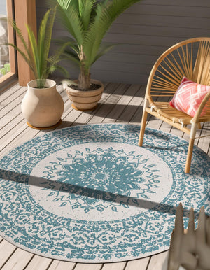Aqua 12' x 12' Outdoor Traditional Round Area Rug Weather Resistant for Patio, Deck, Terrace, Balcony, Porch Classical Design Outside Carpet for Sale at Rug Engine