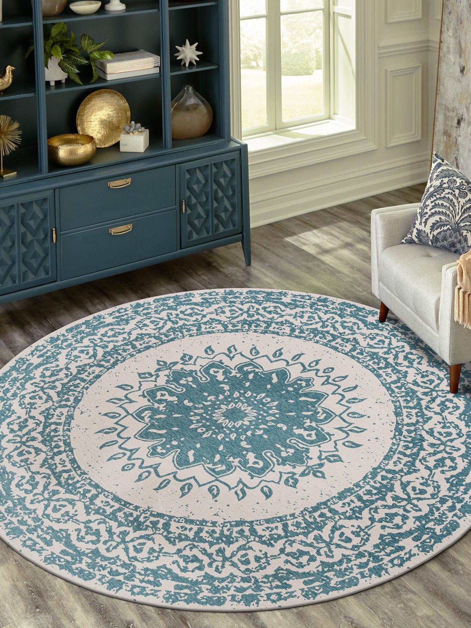 Aqua 7' 10 x 7' 10 Outdoor Traditional Round Area Rug Weather Resistant for Patio, Deck, Terrace, Balcony, Porch Classical Design Outside Carpet for Sale at Rug Engine