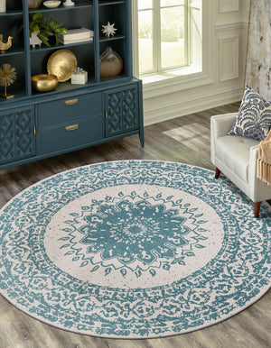 Aqua 10' x 10' Outdoor Traditional Round Area Rug Weather Resistant for Patio, Deck, Terrace, Balcony, Porch Classical Design Outside Carpet for Sale at Rug Engine
