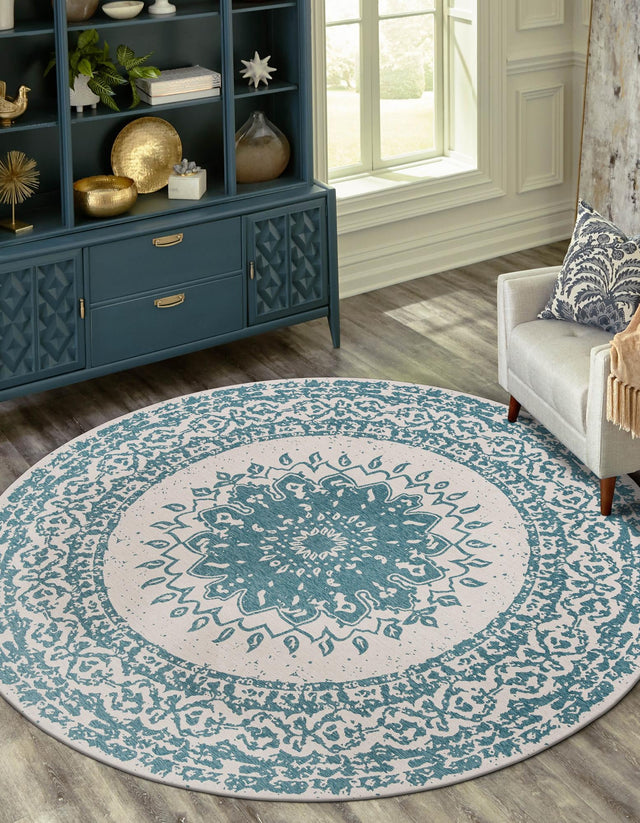 Aqua 12' x 12' Outdoor Traditional Round Area Rug Weather Resistant for Patio, Deck, Terrace, Balcony, Porch Classical Design Outside Carpet for Sale at Rug Engine