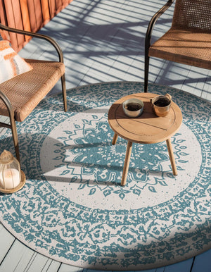 Aqua 12' x 12' Outdoor Traditional Round Area Rug Weather Resistant for Patio, Deck, Terrace, Balcony, Porch Classical Design Outside Carpet for Sale at Rug Engine
