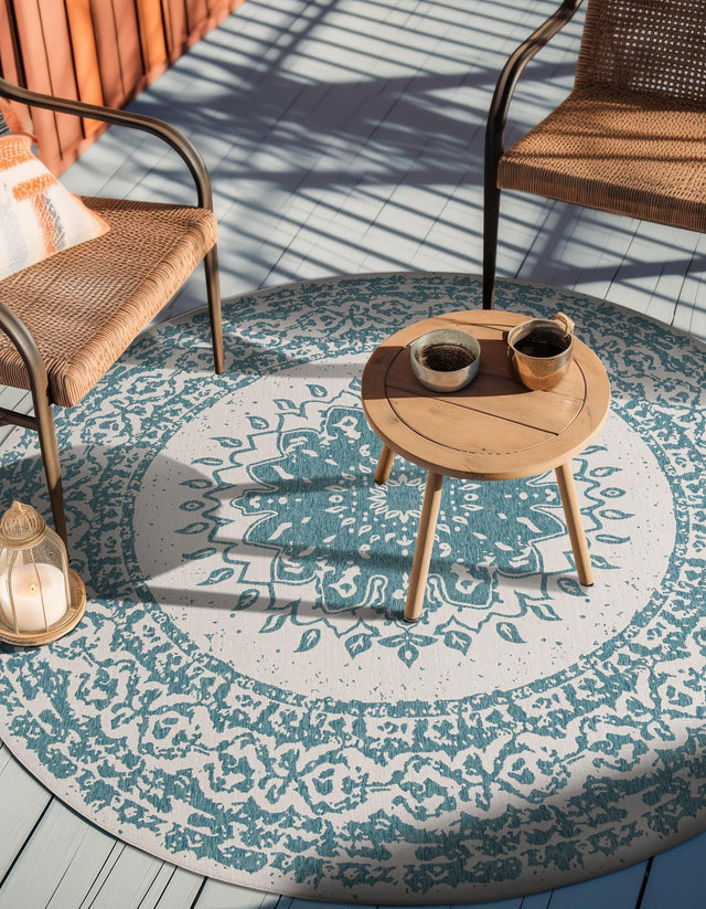 Aqua 12' x 12' Outdoor Traditional Round Area Rug Weather Resistant for Patio, Deck, Terrace, Balcony, Porch Classical Design Outside Carpet for Sale at Rug Engine