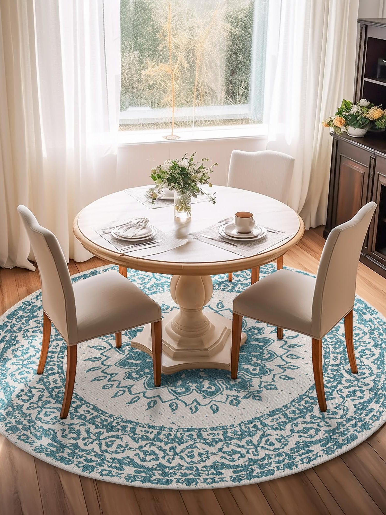 Aqua 3' 1 x 3' 1 Outdoor Traditional Round Area Rug Weather Resistant for Patio, Deck, Terrace, Balcony, Porch Classical Design Outside Carpet for Sale at Rug Engine