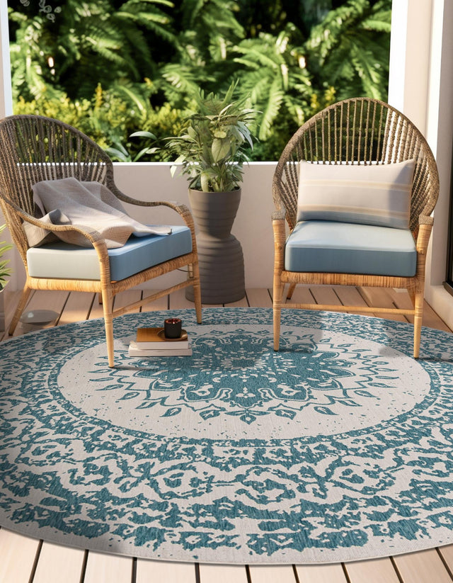 Aqua 12' x 12' Outdoor Traditional Round Area Rug Weather Resistant for Patio, Deck, Terrace, Balcony, Porch Classical Design Outside Carpet for Sale at Rug Engine
