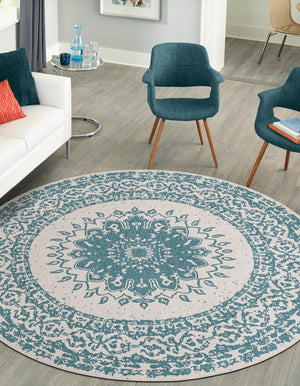 Aqua 6' 1 x 6' 1 Outdoor Traditional Round Area Rug Weather Resistant for Patio, Deck, Terrace, Balcony, Porch Classical Design Outside Carpet for Sale at Rug Engine