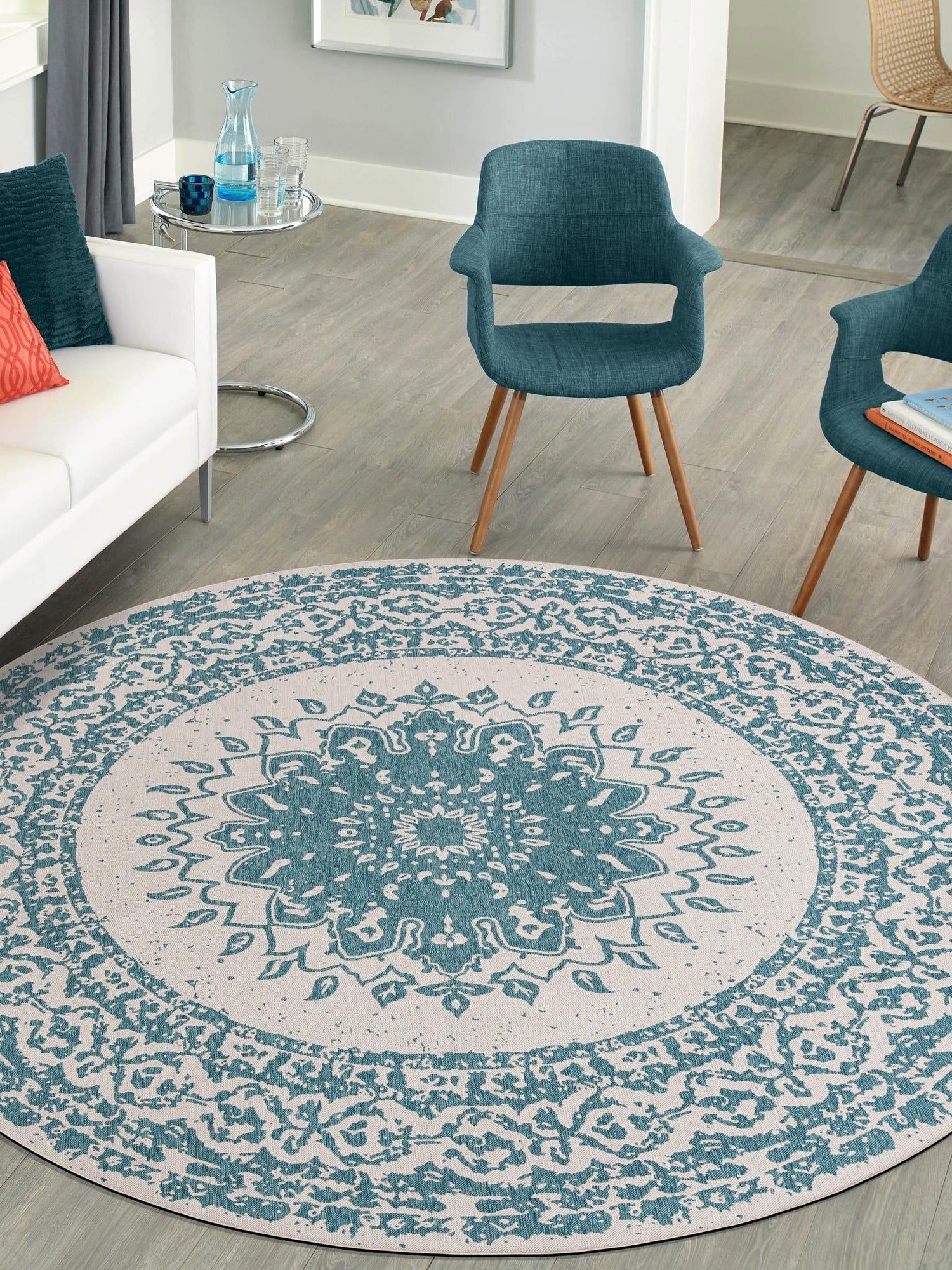 Aqua 10' x 10' Outdoor Traditional Round Area Rug Weather Resistant for Patio, Deck, Terrace, Balcony, Porch Classical Design Outside Carpet for Sale at Rug Engine