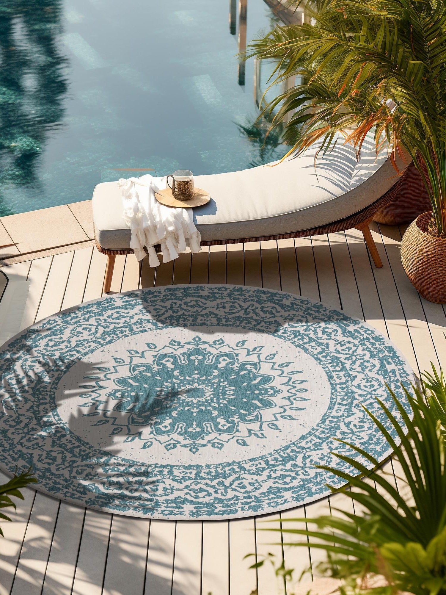 Aqua 12' x 12' Outdoor Traditional Round Area Rug Weather Resistant for Patio, Deck, Terrace, Balcony, Porch Classical Design Outside Carpet for Sale at Rug Engine
