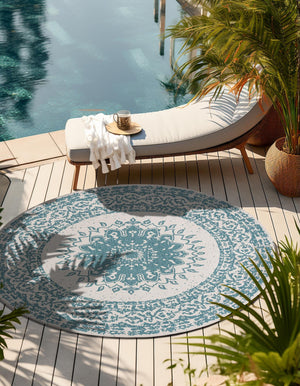 Aqua 12' x 12' Outdoor Traditional Round Area Rug Weather Resistant for Patio, Deck, Terrace, Balcony, Porch Classical Design Outside Carpet for Sale at Rug Engine