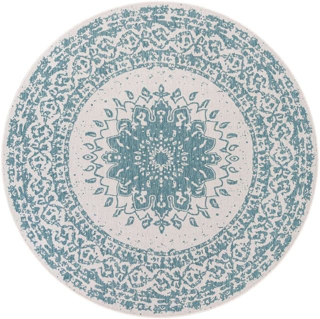 Aqua 7' 10 x 7' 10 Outdoor Traditional Round Area Rug Weather Resistant for Patio, Deck, Terrace, Balcony, Porch Classical Design Outside Carpet for Sale at Rug Engine