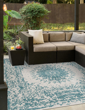 Aqua 7' 10 x 7' 10 Outdoor Traditional Square Area Rug Weather Resistant for Patio, Deck, Terrace, Balcony, Porch Classical Design Outside Carpet for Sale at Rug Engine