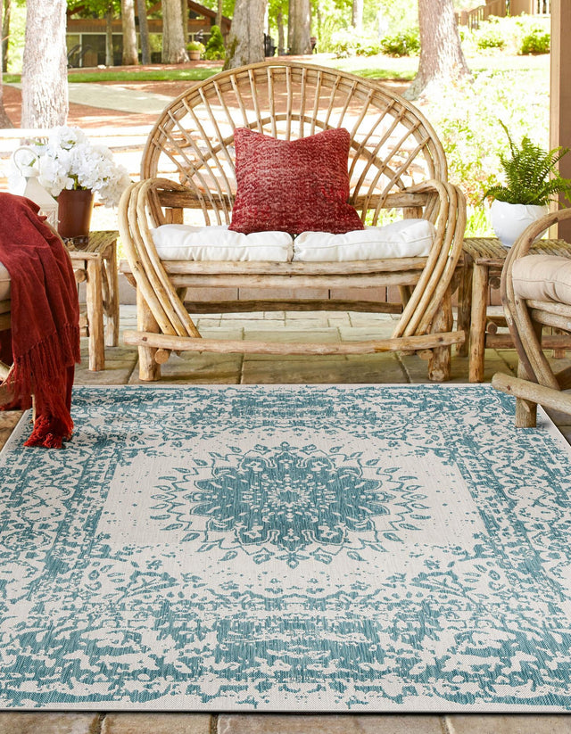 Aqua 12' x 12' Outdoor Traditional Square Area Rug Weather Resistant for Patio, Deck, Terrace, Balcony, Porch Classical Design Outside Carpet for Sale at Rug Engine