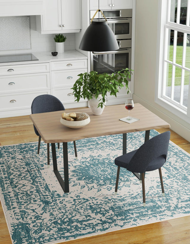 Aqua 7' 10 x 7' 10 Outdoor Traditional Square Area Rug Weather Resistant for Patio, Deck, Terrace, Balcony, Porch Classical Design Outside Carpet for Sale at Rug Engine