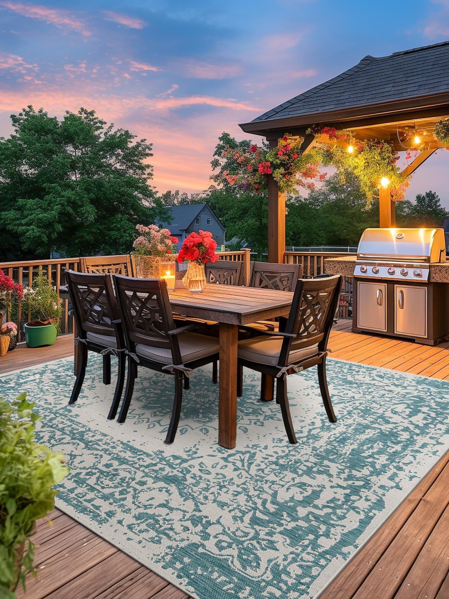Aqua 7' 10 x 7' 10 Outdoor Traditional Square Area Rug Weather Resistant for Patio, Deck, Terrace, Balcony, Porch Classical Design Outside Carpet for Sale at Rug Engine