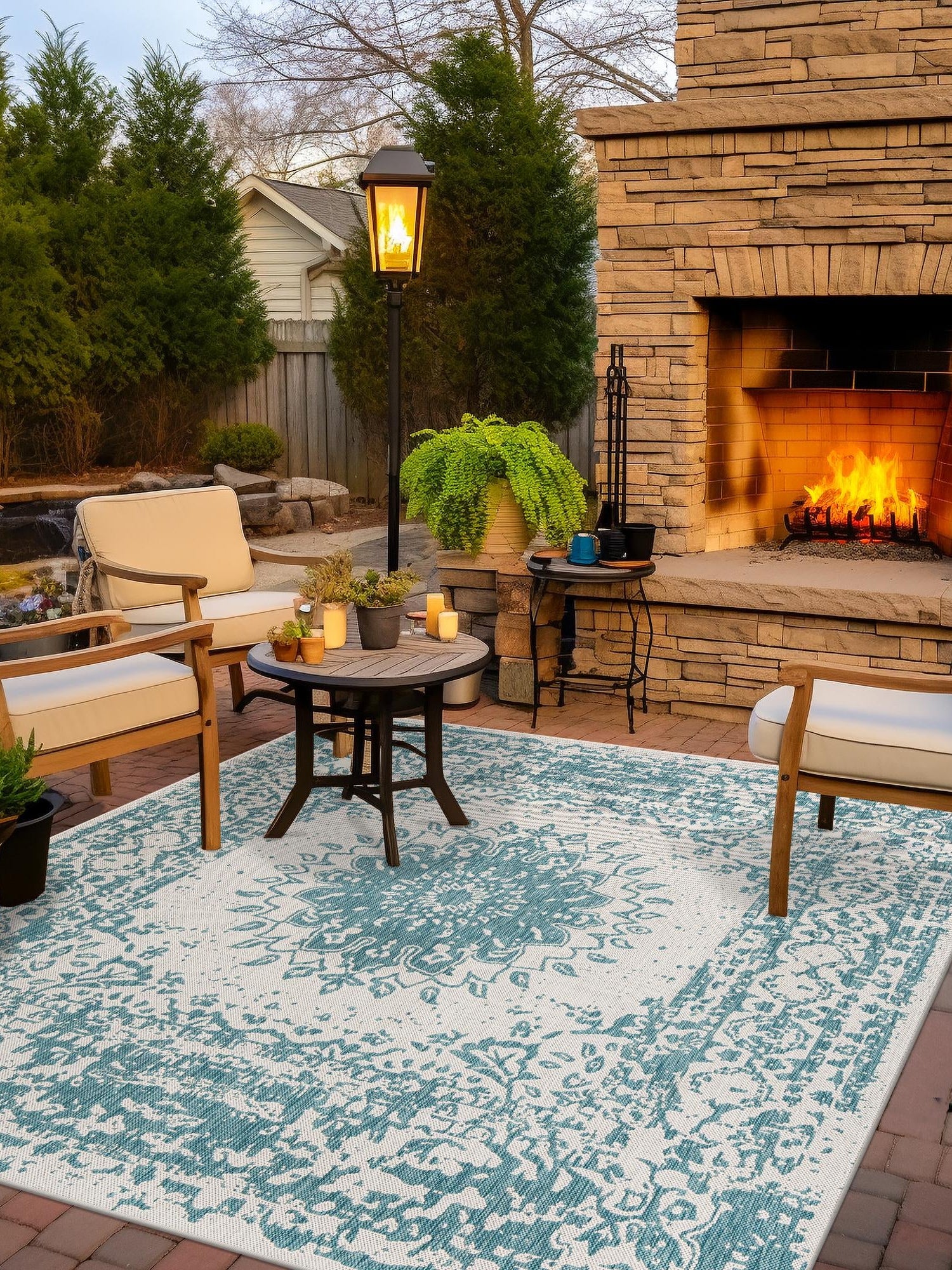 Aqua 7' 10 x 7' 10 Outdoor Traditional Square Area Rug Weather Resistant for Patio, Deck, Terrace, Balcony, Porch Classical Design Outside Carpet for Sale at Rug Engine