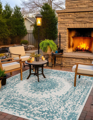 Aqua 7' 10 x 7' 10 Outdoor Traditional Square Area Rug Weather Resistant for Patio, Deck, Terrace, Balcony, Porch Classical Design Outside Carpet for Sale at Rug Engine