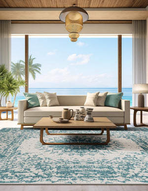 Aqua 12' x 12' Outdoor Traditional Square Area Rug Weather Resistant for Patio, Deck, Terrace, Balcony, Porch Classical Design Outside Carpet for Sale at Rug Engine