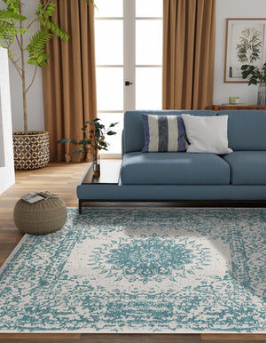 Aqua 12' x 12' Outdoor Traditional Square Area Rug Weather Resistant for Patio, Deck, Terrace, Balcony, Porch Classical Design Outside Carpet for Sale at Rug Engine