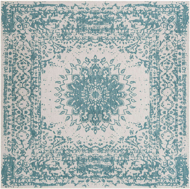 Aqua 7' 10 x 7' 10 Outdoor Traditional Square Area Rug Weather Resistant for Patio, Deck, Terrace, Balcony, Porch Classical Design Outside Carpet for Sale at Rug Engine