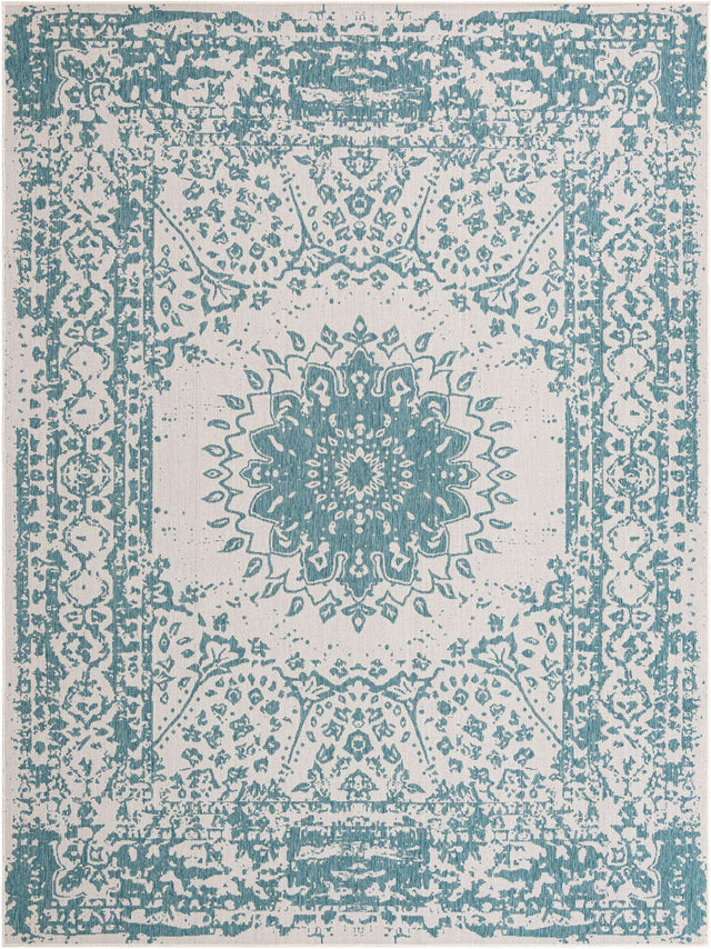 Aqua 9' x 12' Outdoor Traditional Rectangle Area Rug Weather Resistant for Patio, Deck, Terrace, Balcony, Porch Classical Design Outside Carpet for Sale at Rug Engine