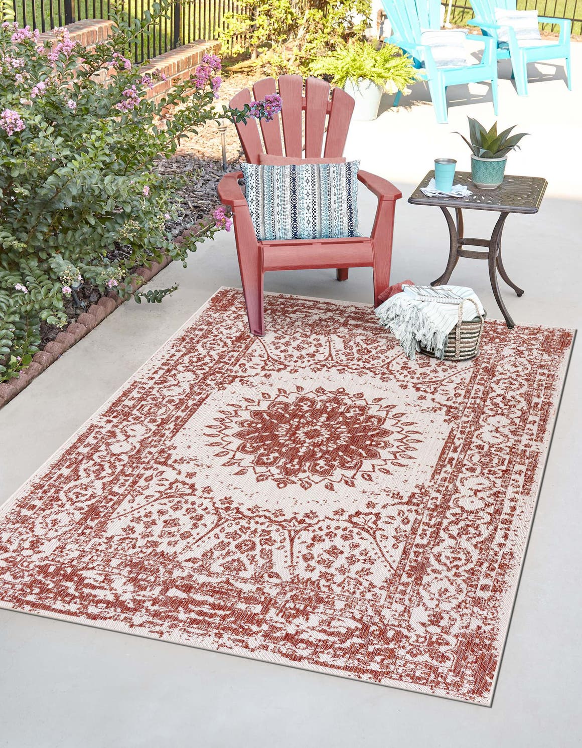 Rust Red 6' 1 x 9' Outdoor Traditional Rectangle Area Rug Weather Resistant for Patio, Deck, Terrace, Balcony, Porch Classical Design Outside Carpet for Sale at Rug Engine
