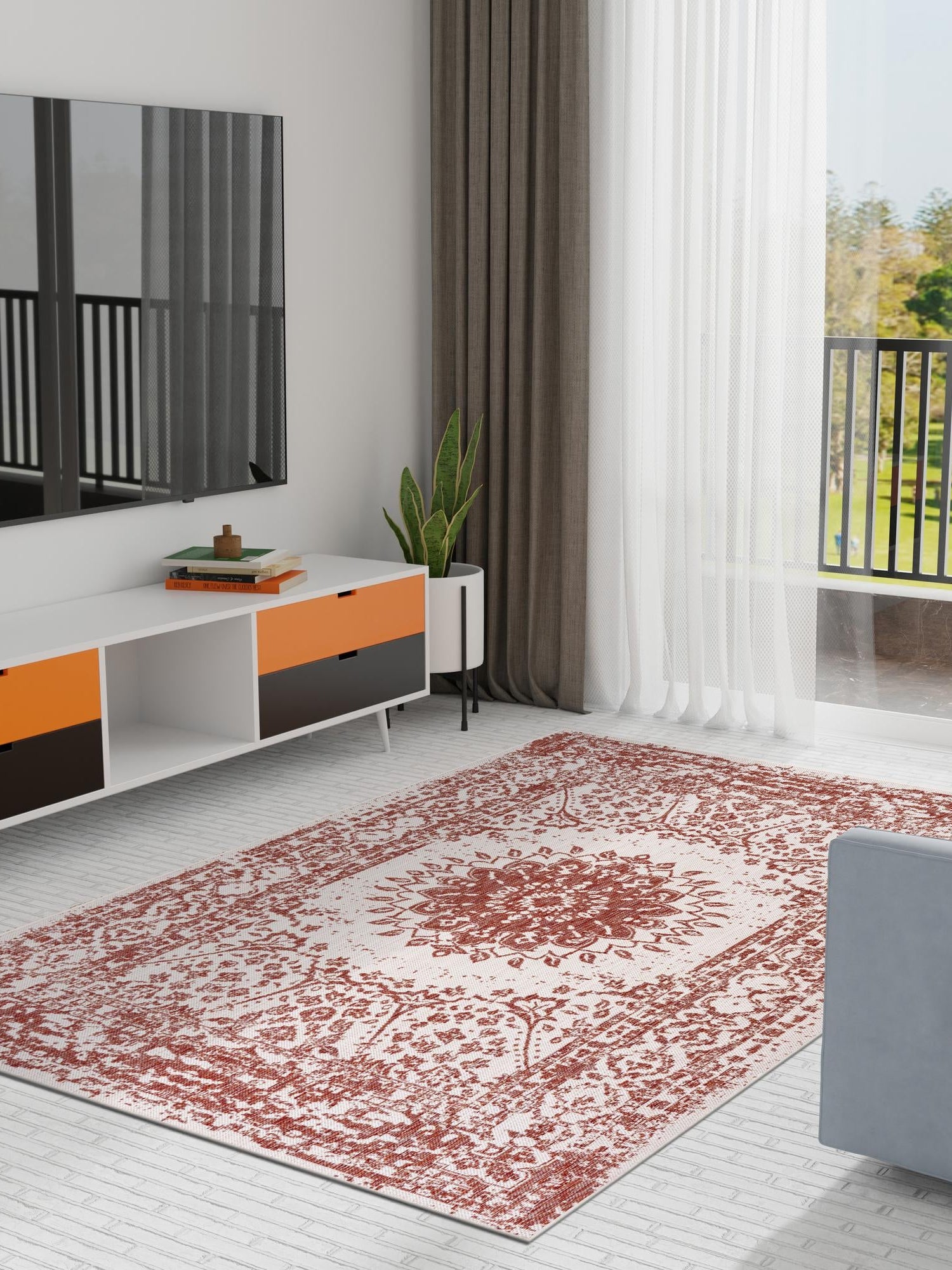 Rust Red 10' x 14' 1 Outdoor Traditional Rectangle Area Rug Weather Resistant for Patio, Deck, Terrace, Balcony, Porch Classical Design Outside Carpet for Sale at Rug Engine