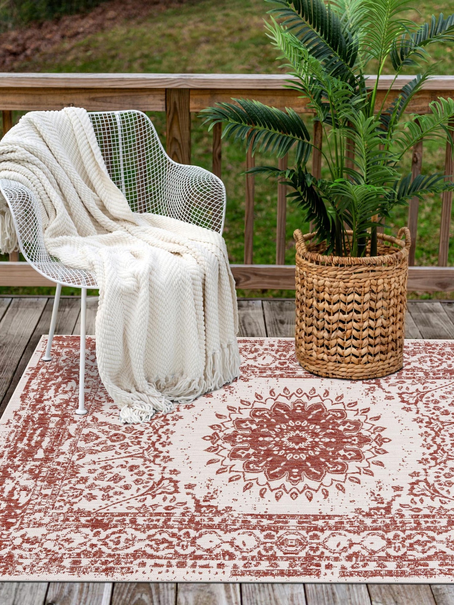 Rust Red 5' 3 x 7' 1 Outdoor Traditional Rectangle Area Rug Weather Resistant for Patio, Deck, Terrace, Balcony, Porch Classical Design Outside Carpet for Sale at Rug Engine