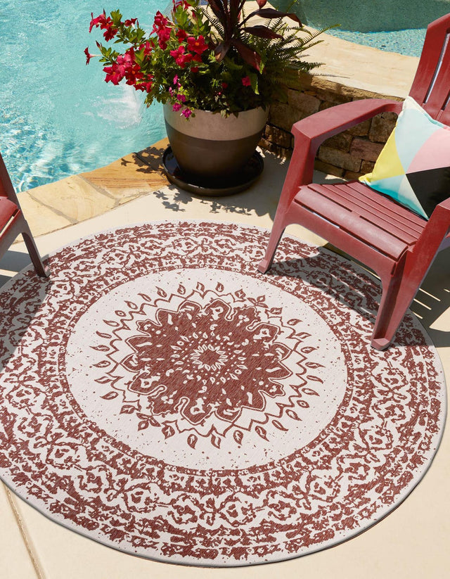 Rust Red 3' 1 x 3' 1 Outdoor Traditional Round Area Rug Weather Resistant for Patio, Deck, Terrace, Balcony, Porch Classical Design Outside Carpet for Sale at Rug Engine