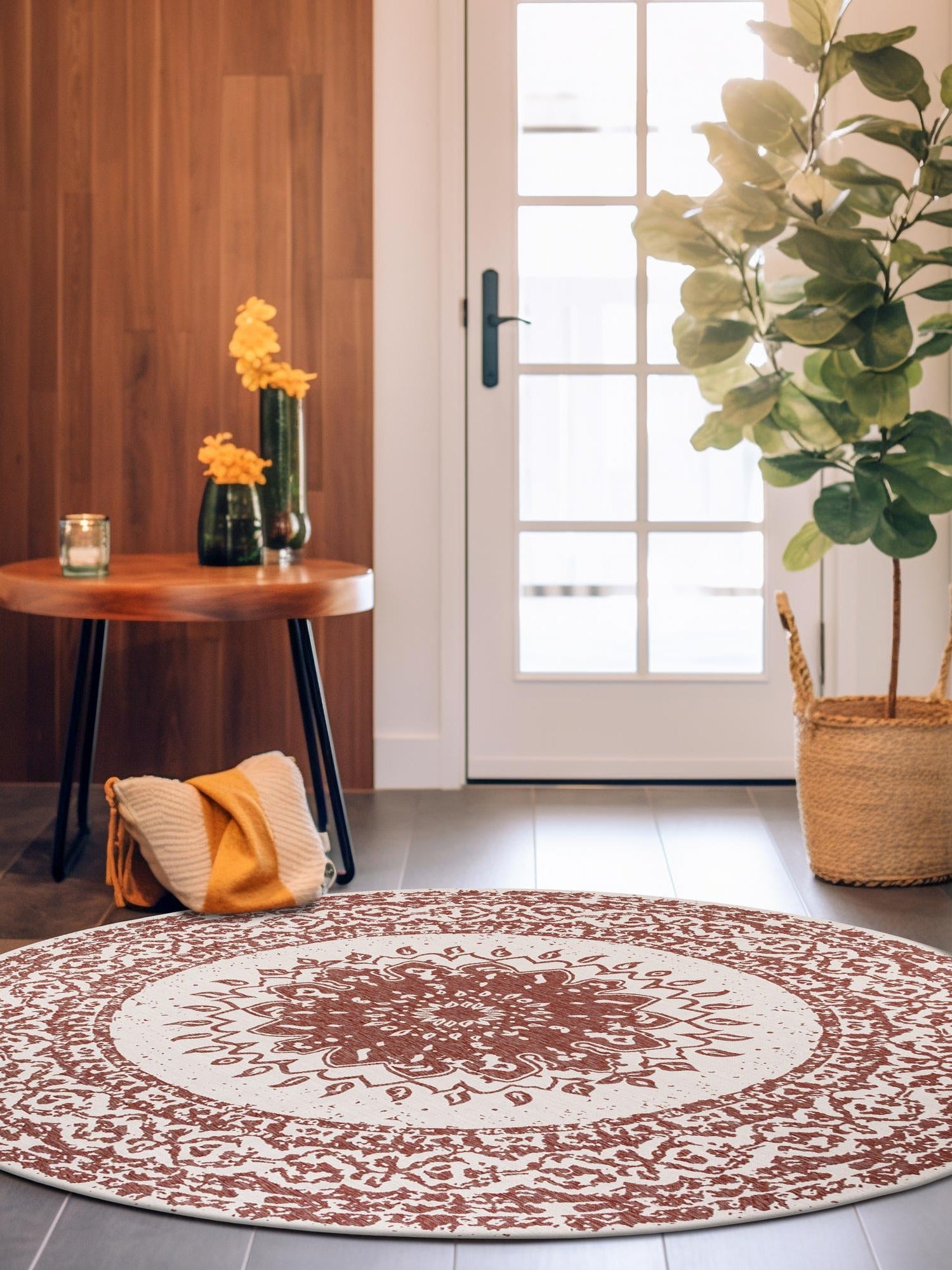 Rust Red 6' 1 x 6' 1 Outdoor Traditional Round Area Rug Weather Resistant for Patio, Deck, Terrace, Balcony, Porch Classical Design Outside Carpet for Sale at Rug Engine