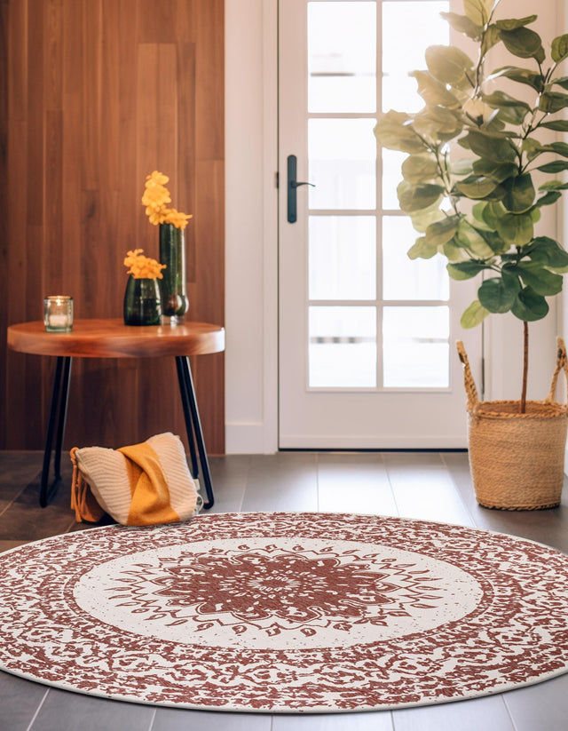 Rust Red 3' 1 x 3' 1 Outdoor Traditional Round Area Rug Weather Resistant for Patio, Deck, Terrace, Balcony, Porch Classical Design Outside Carpet for Sale at Rug Engine