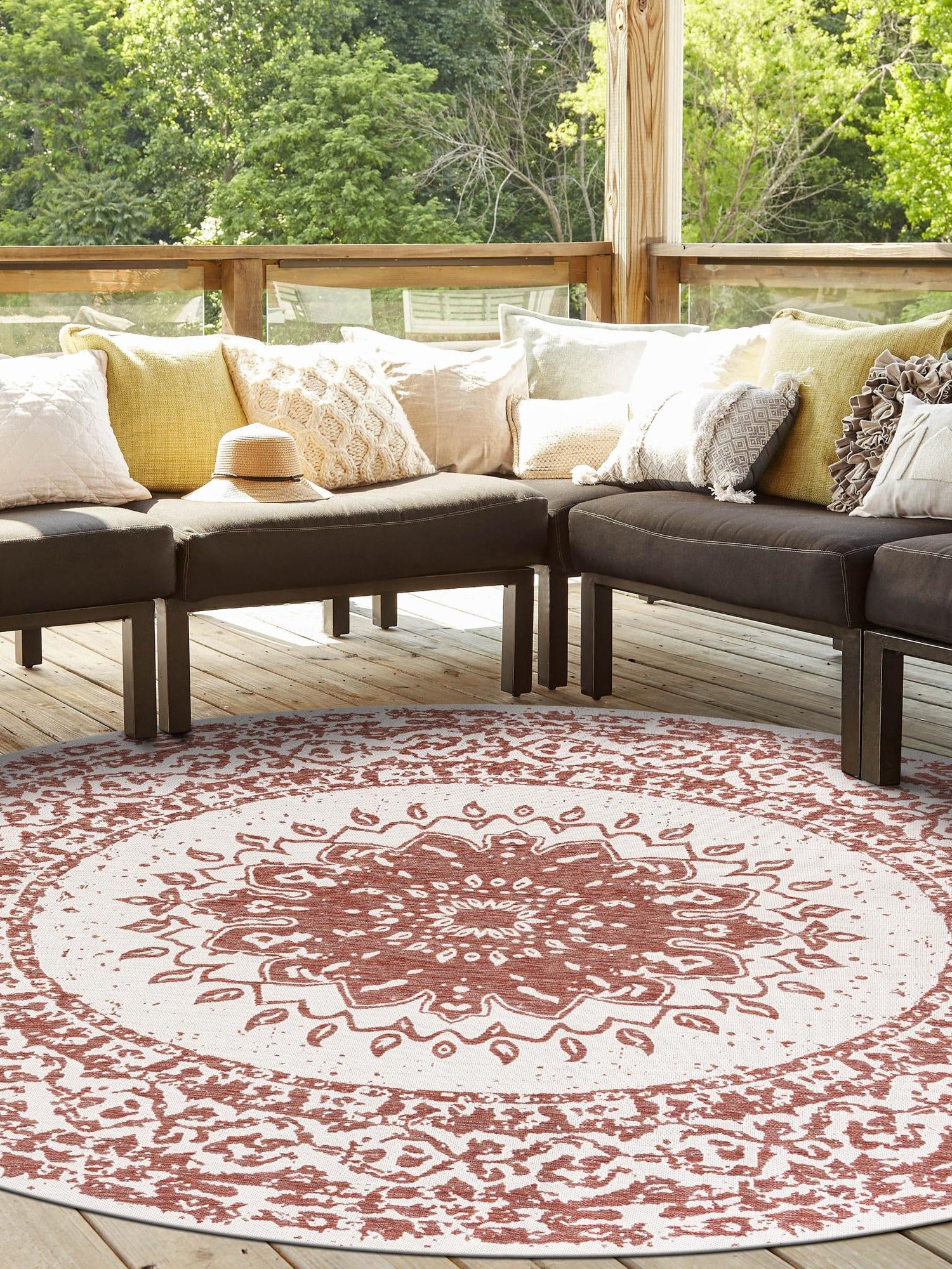 Rust Red 12' x 12' Outdoor Traditional Round Area Rug Weather Resistant for Patio, Deck, Terrace, Balcony, Porch Classical Design Outside Carpet for Sale at Rug Engine