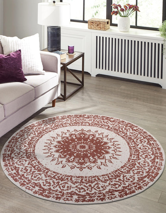 Rust Red 7' 10 x 7' 10 Outdoor Traditional Round Area Rug Weather Resistant for Patio, Deck, Terrace, Balcony, Porch Classical Design Outside Carpet for Sale at Rug Engine