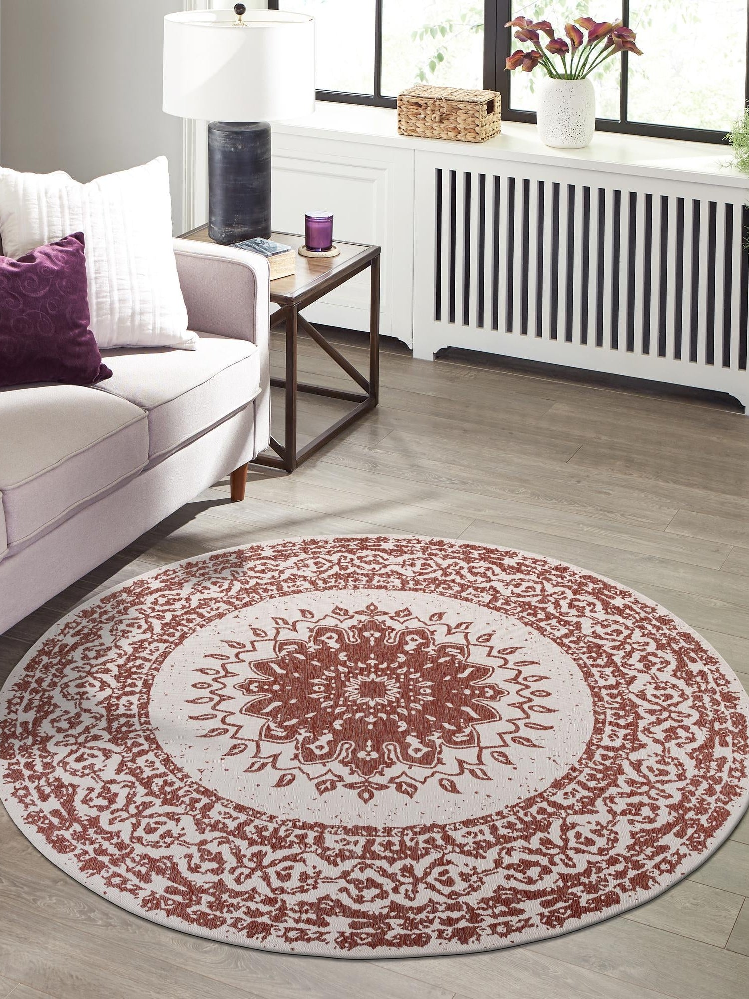 Rust Red 6' 1 x 6' 1 Outdoor Traditional Round Area Rug Weather Resistant for Patio, Deck, Terrace, Balcony, Porch Classical Design Outside Carpet for Sale at Rug Engine