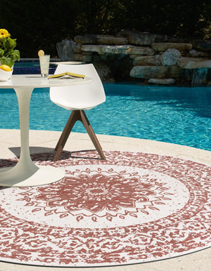 Rust Red 12' x 12' Outdoor Traditional Round Area Rug Weather Resistant for Patio, Deck, Terrace, Balcony, Porch Classical Design Outside Carpet for Sale at Rug Engine