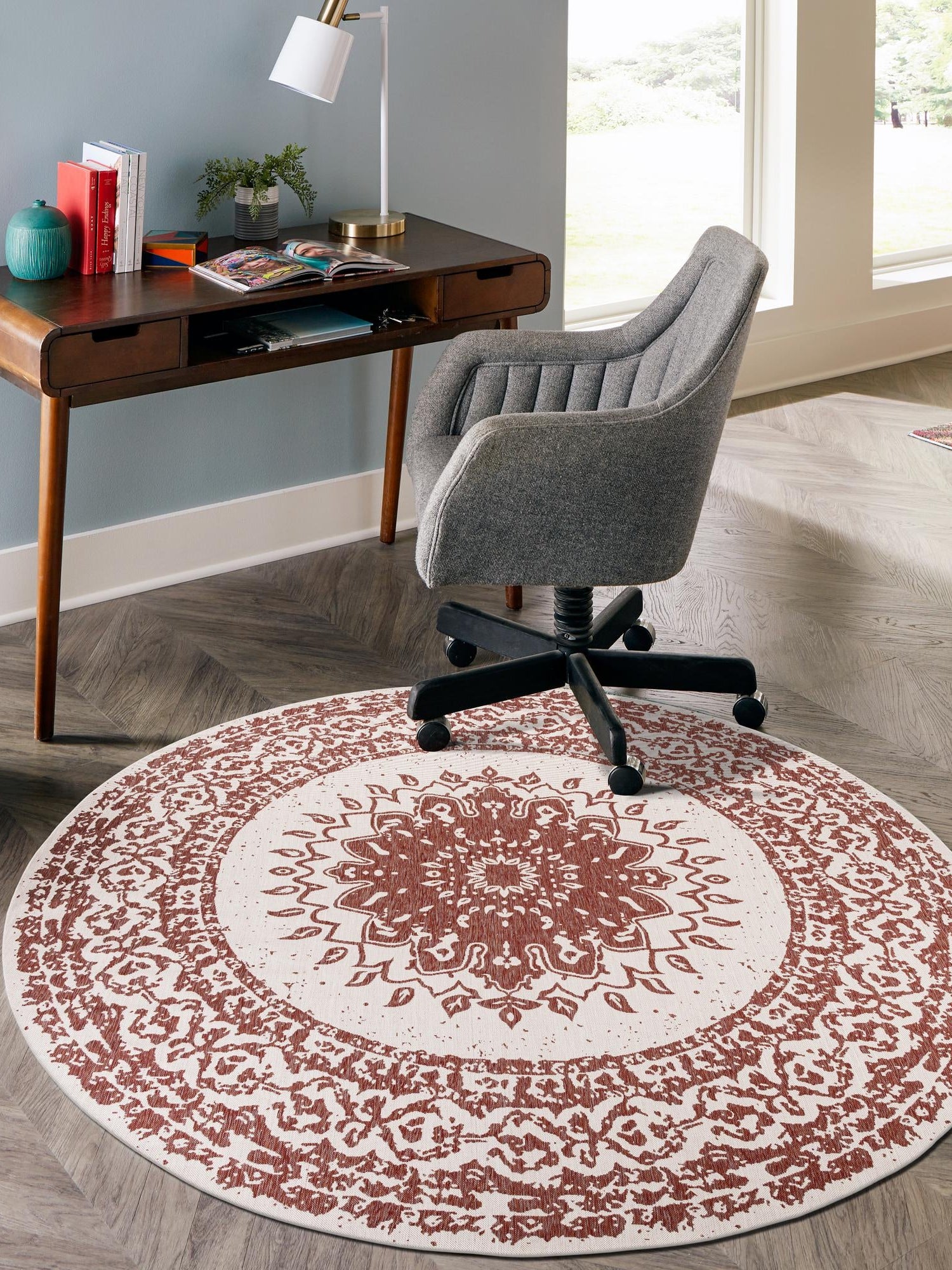 Rust Red 6' 1 x 6' 1 Outdoor Traditional Round Area Rug Weather Resistant for Patio, Deck, Terrace, Balcony, Porch Classical Design Outside Carpet for Sale at Rug Engine