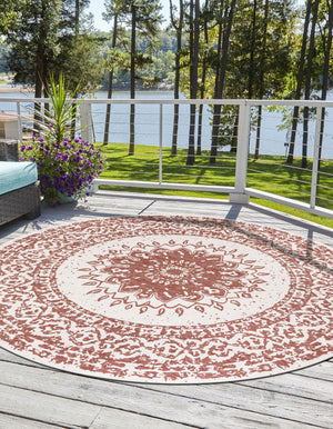 Rust Red 6' 1 x 6' 1 Outdoor Traditional Round Area Rug Weather Resistant for Patio, Deck, Terrace, Balcony, Porch Classical Design Outside Carpet for Sale at Rug Engine