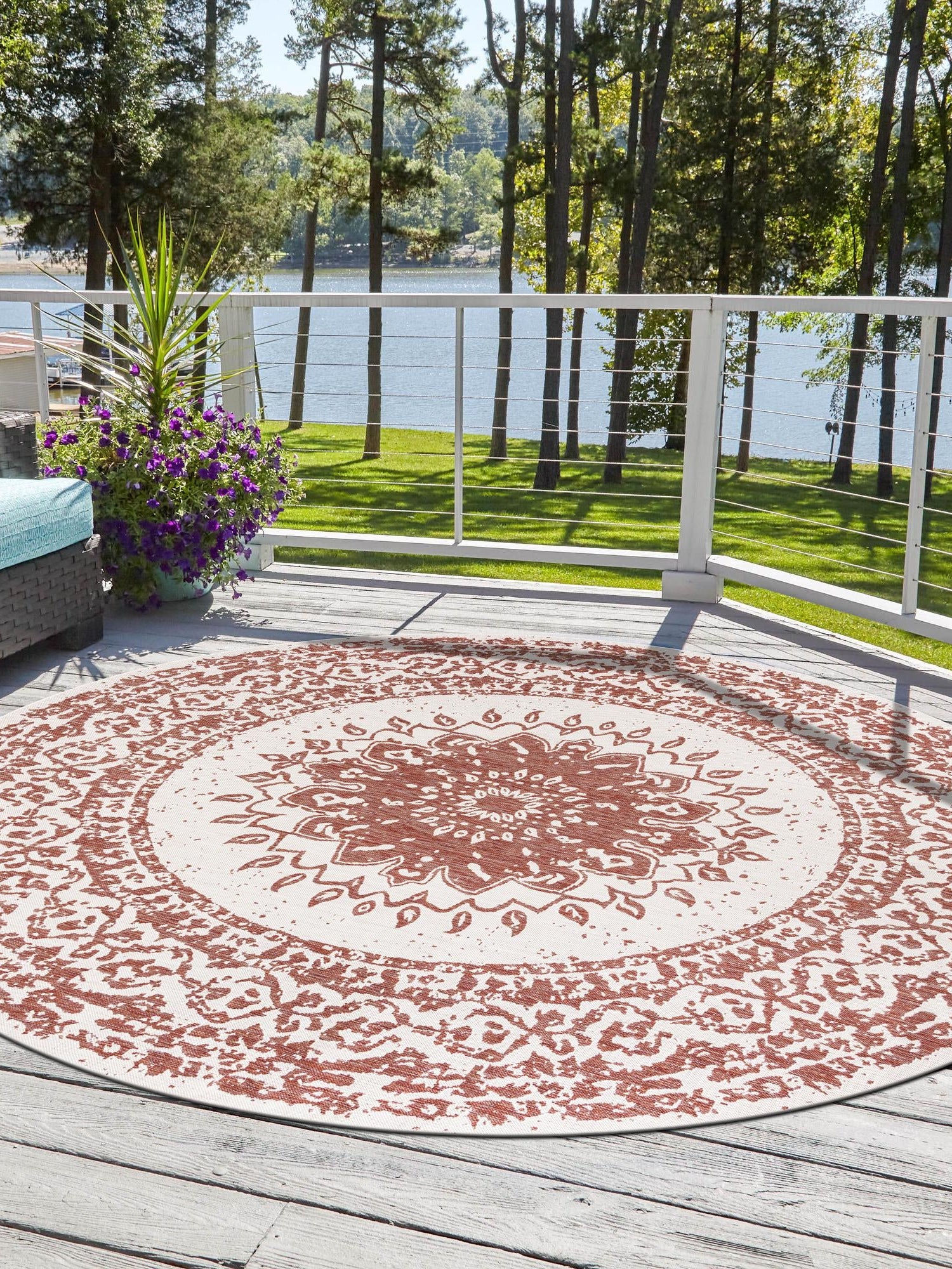 Rust Red 12' x 12' Outdoor Traditional Round Area Rug Weather Resistant for Patio, Deck, Terrace, Balcony, Porch Classical Design Outside Carpet for Sale at Rug Engine