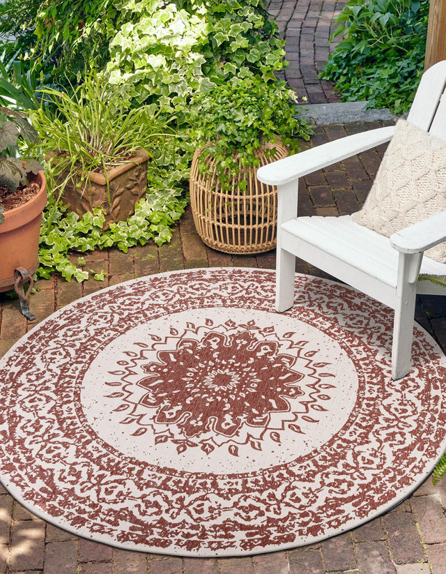 Rust Red 3' 1 x 3' 1 Outdoor Traditional Round Area Rug Weather Resistant for Patio, Deck, Terrace, Balcony, Porch Classical Design Outside Carpet for Sale at Rug Engine
