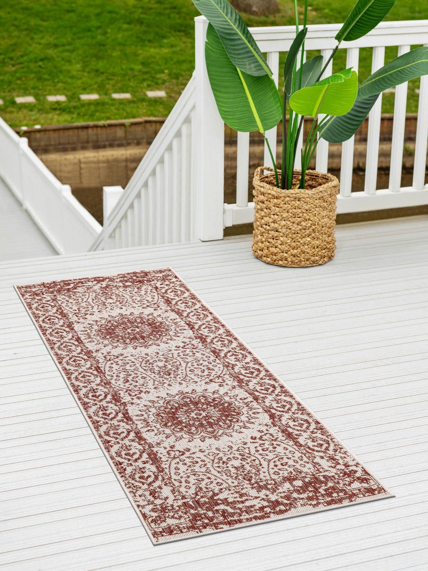 Rust Red 2' x 6' 1 Outdoor Traditional Runner Area Rug Weather Resistant for Patio, Deck, Terrace, Balcony, Porch Classical Design Outside Carpet for Sale at Rug Engine