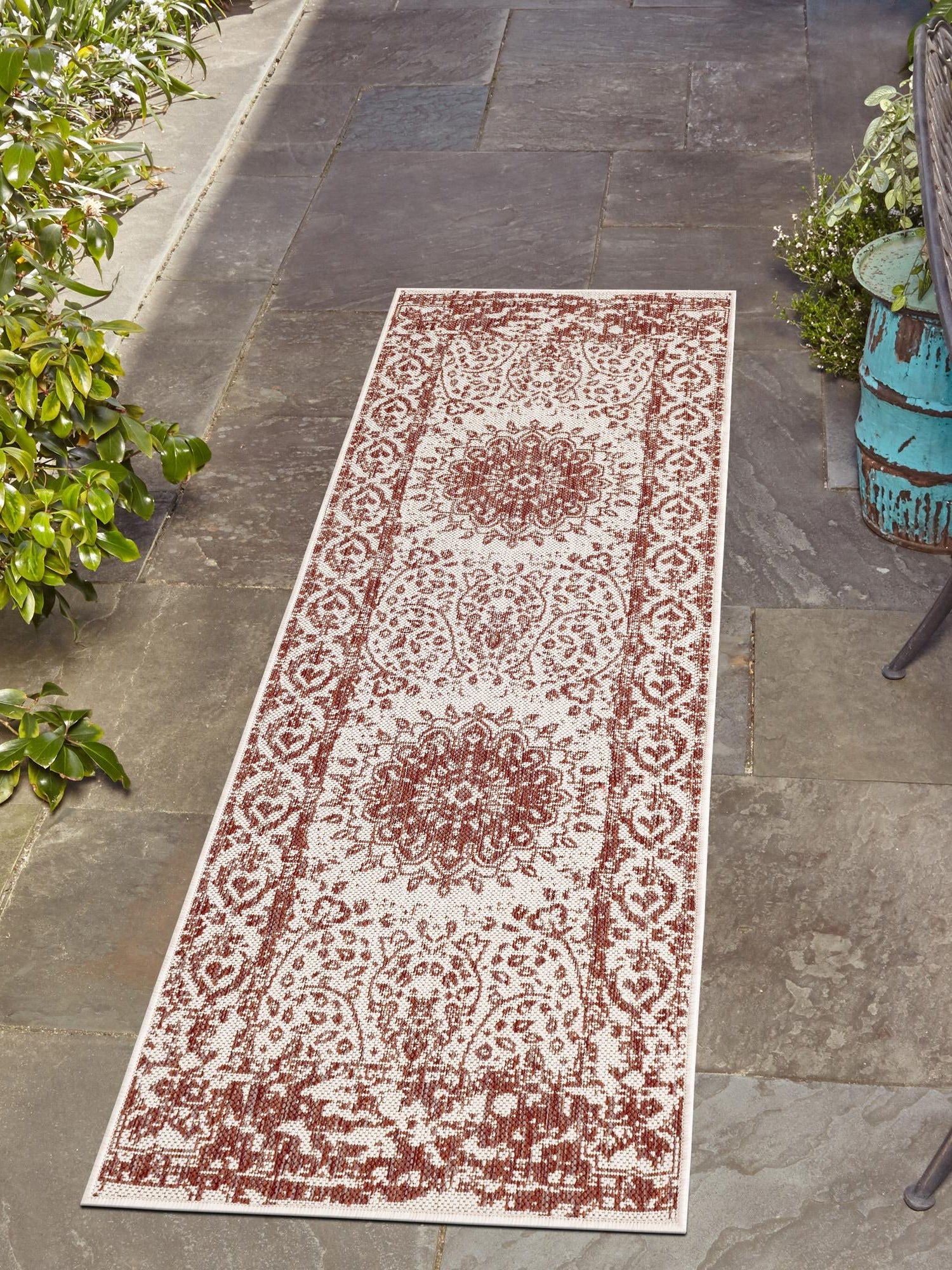 Rust Red 2' x 5' 3 Outdoor Traditional Runner Area Rug Weather Resistant for Patio, Deck, Terrace, Balcony, Porch Classical Design Outside Carpet for Sale at Rug Engine