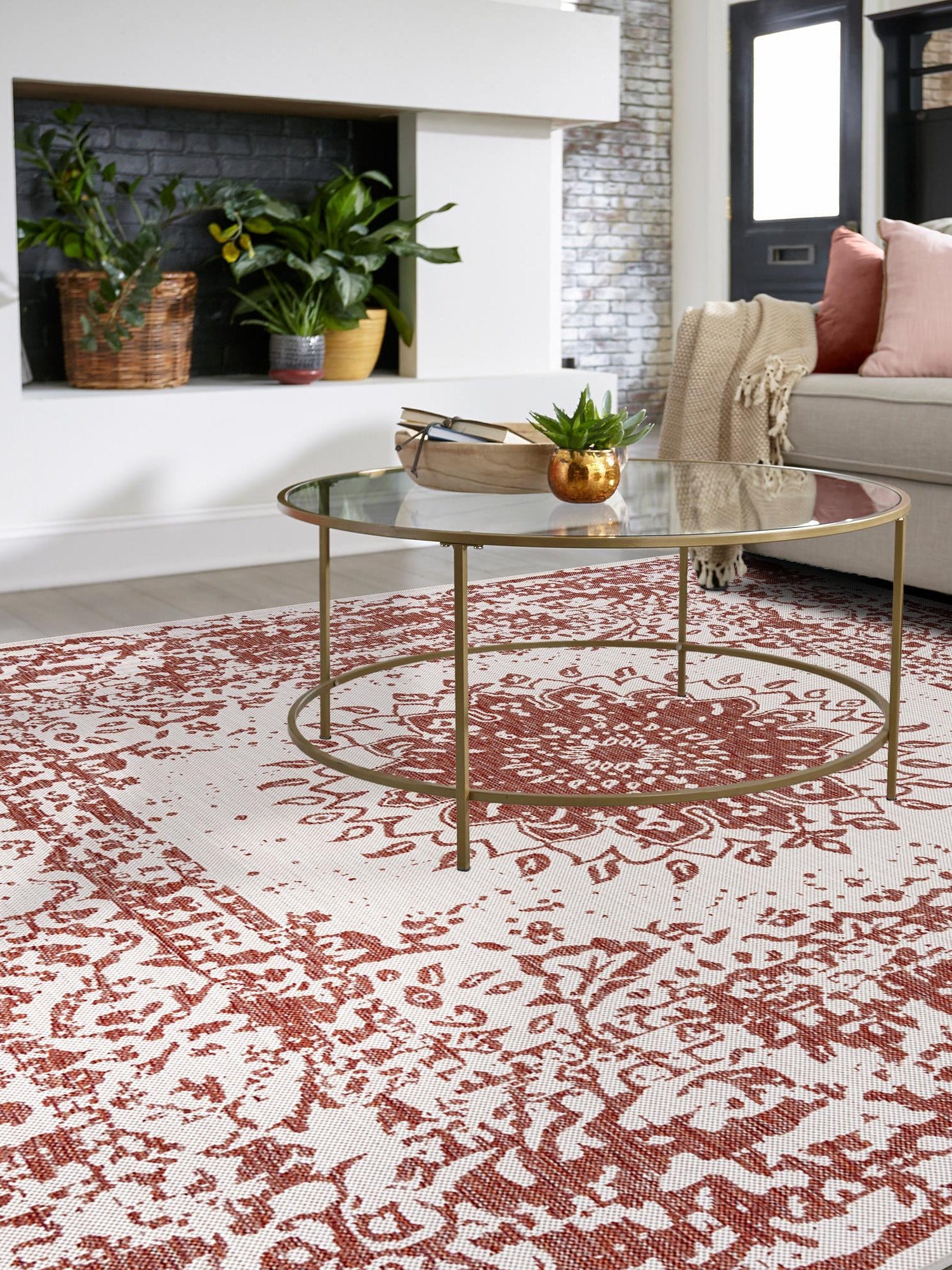 Rust Red 7' 10 x 7' 10 Outdoor Traditional Square Area Rug Weather Resistant for Patio, Deck, Terrace, Balcony, Porch Classical Design Outside Carpet for Sale at Rug Engine