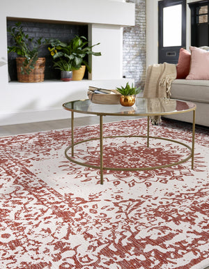 Rust Red 7' 10 x 7' 10 Outdoor Traditional Square Area Rug Weather Resistant for Patio, Deck, Terrace, Balcony, Porch Classical Design Outside Carpet for Sale at Rug Engine