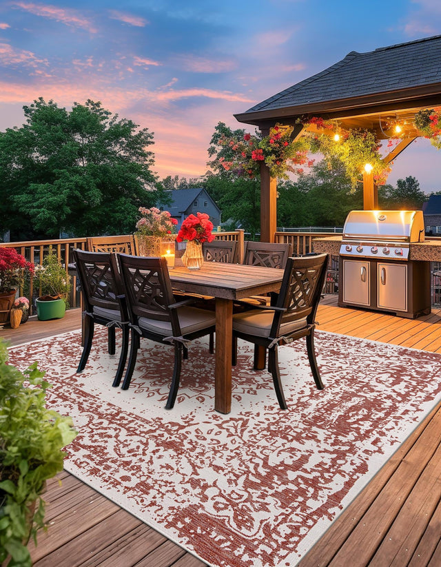 Rust Red 10' x 10' Outdoor Traditional Square Area Rug Weather Resistant for Patio, Deck, Terrace, Balcony, Porch Classical Design Outside Carpet for Sale at Rug Engine