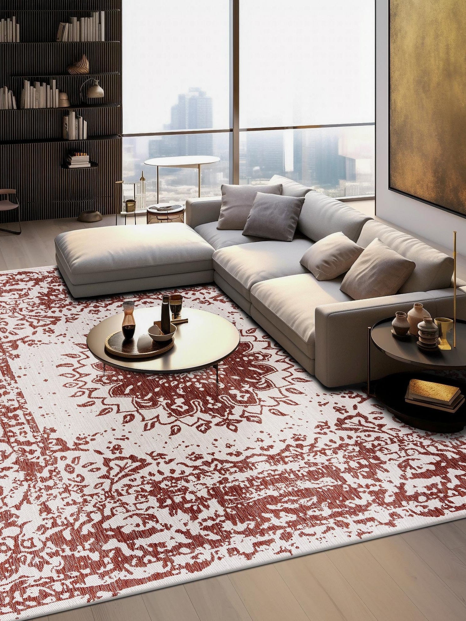 Rust Red 7' 10 x 7' 10 Outdoor Traditional Square Area Rug Weather Resistant for Patio, Deck, Terrace, Balcony, Porch Classical Design Outside Carpet for Sale at Rug Engine