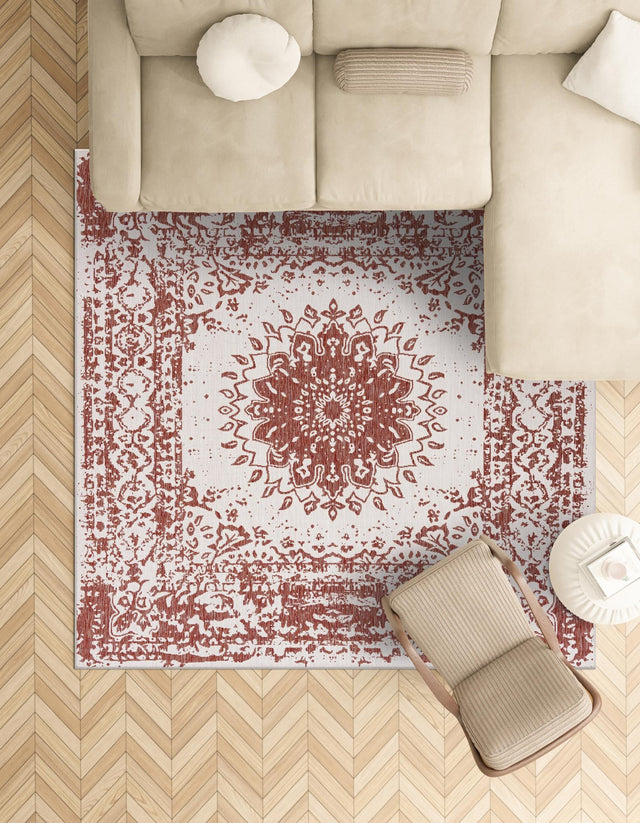 Rust Red 12' x 12' Outdoor Traditional Square Area Rug Weather Resistant for Patio, Deck, Terrace, Balcony, Porch Classical Design Outside Carpet for Sale at Rug Engine