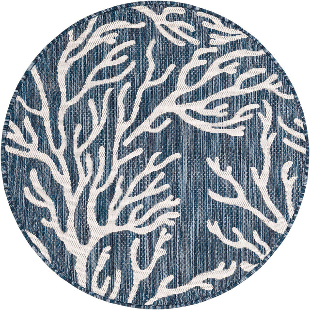 Blue 3' 1 x 3' 1 Outdoor Coastal Round Area Rug Weather Resistant for Patio, Deck, Terrace, Balcony, Porch 100% Polypropylene Coastal Decor Carpet for Sale at Rug Engine