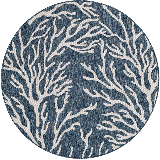 Blue 5' 3 x 5' 3 Outdoor Coastal Round Area Rug Weather Resistant for Patio, Deck, Terrace, Balcony, Porch 100% Polypropylene Coastal Decor Carpet for Sale at Rug Engine