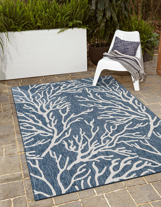 Blue 4' 1 x 6' 1 Outdoor Coastal Rectangle Area Rug Weather Resistant for Patio, Deck, Terrace, Balcony, Porch 100% Polypropylene Coastal Decor Carpet for Sale at Rug Engine
