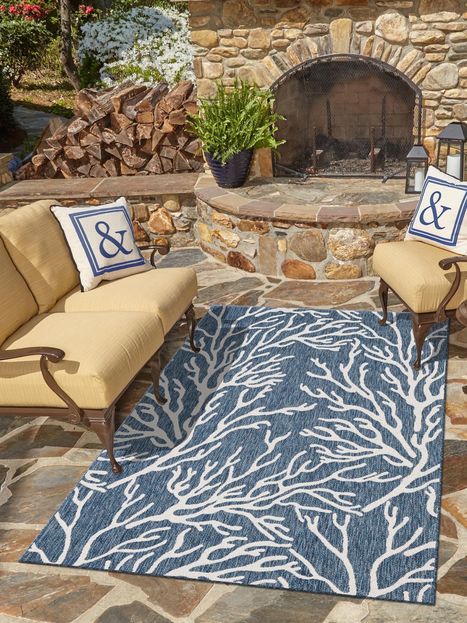 Blue 6' 1 x 9' Outdoor Coastal Rectangle Area Rug Weather Resistant for Patio, Deck, Terrace, Balcony, Porch 100% Polypropylene Coastal Decor Carpet for Sale at Rug Engine