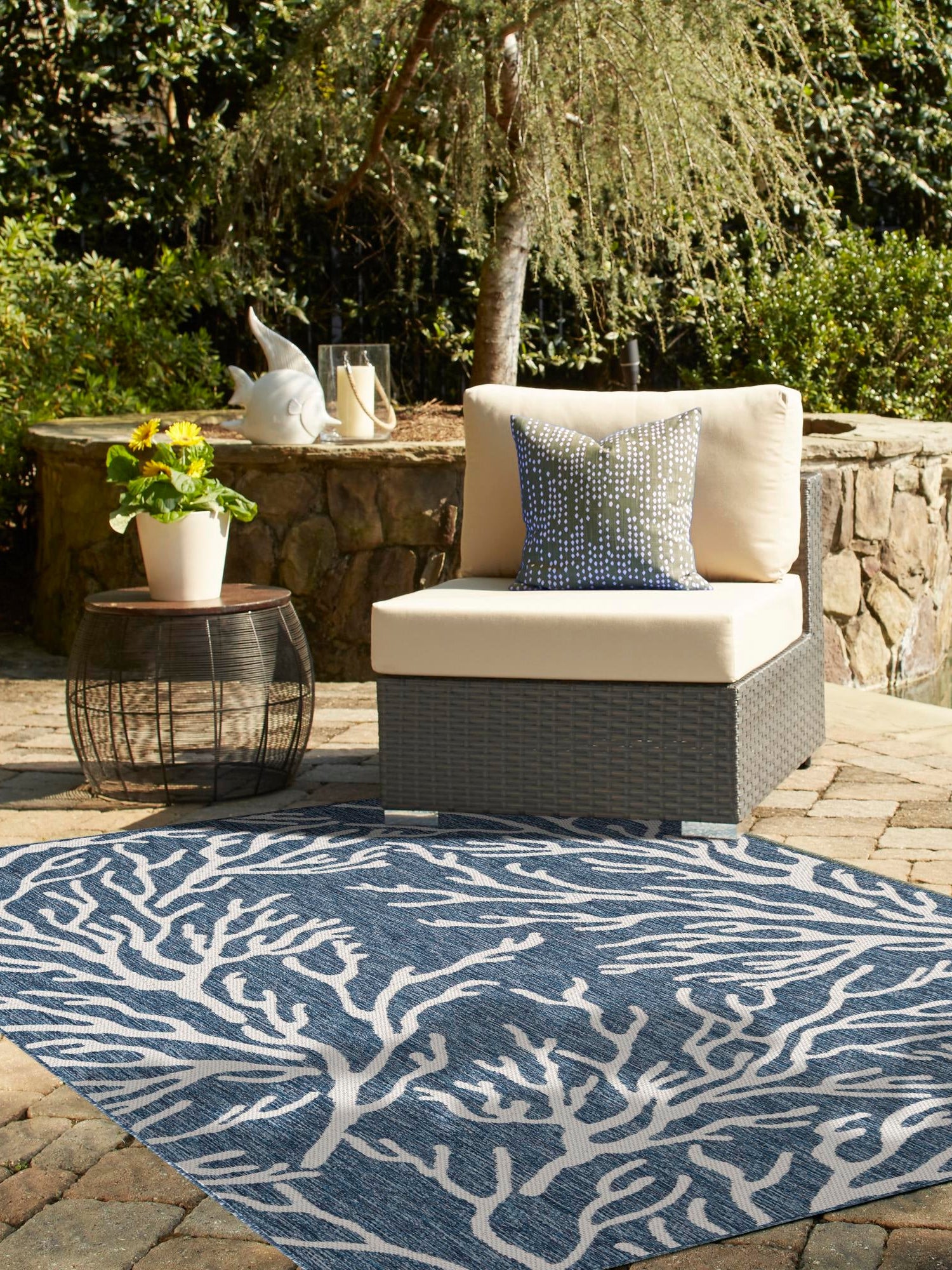 Blue 7' 10 x 10' Outdoor Coastal Rectangle Area Rug Weather Resistant for Patio, Deck, Terrace, Balcony, Porch 100% Polypropylene Coastal Decor Carpet for Sale at Rug Engine