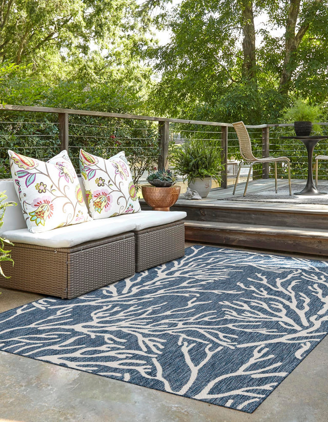 Blue 4' 1 x 6' 1 Outdoor Coastal Rectangle Area Rug Weather Resistant for Patio, Deck, Terrace, Balcony, Porch 100% Polypropylene Coastal Decor Carpet for Sale at Rug Engine